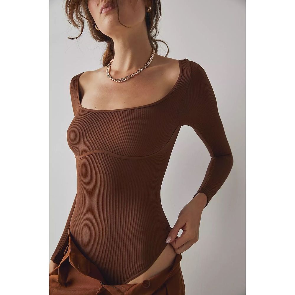 Free People Movement Meg Seamless V-Neck Long-Sleeve Bodysuit in Ash/Brown